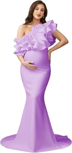 One Shoulder Ruffles Maternity Dress Satin Mermaid Court Train for Photoshoot Photography Baby Shower XD33 in Saudi Arabia