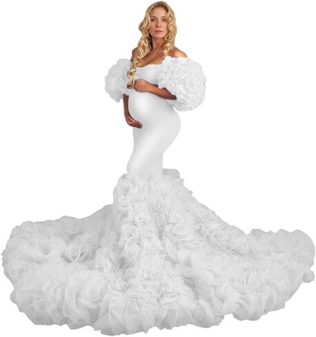 Off Shoulder Tulle Maternity Dress for Photoshoot Mermaid Baby Shower Dress Sweetheart Ruffles Pregnancy Gowns in Saudi Arabia