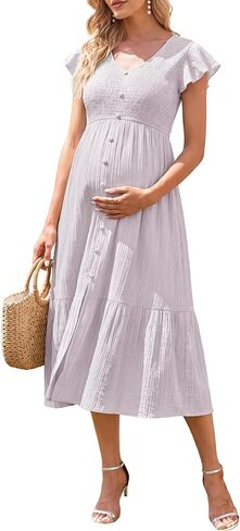 Summer Mae Smocked Maternity Dress Baby Shower Summer Ruffle Sleeve Dresses | Women Pregnancy midi dress, perfect outfit for wedding guest and photoshoot, elegant V-neck, flowy Design in Kuwait