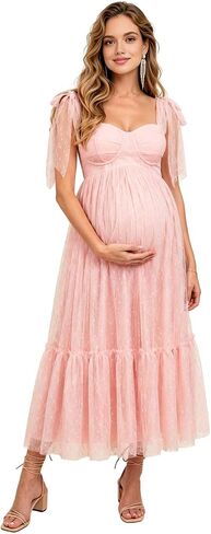 Women's Maternity Maxi Dress, Light Pink, Polka Dot Tulle, Tie-Shoulder, A-Line for Baby Shower, Photoshoot in Saudi Arabia