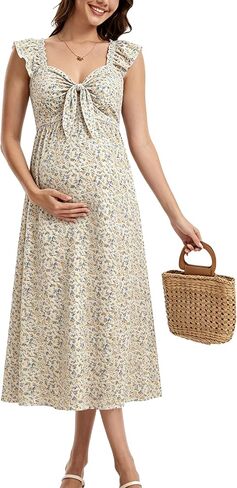 Summer Maternity Midi Dress for Baby Shower Bow Tie Neckline Ruffle Sleeves Pregnancy Dress for Photoshoot in Saudi Arabia