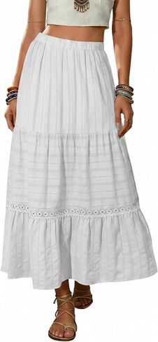 BLENCOT Women's Long Skirt Boho Crochet Lace Tiered High Waisted Cotton A-Line Flowy Maxi Skirt in Saudi Arabia