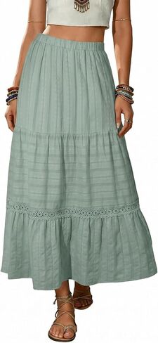 BLENCOT Women's Long Skirt Boho Crochet Lace Tiered High Waisted Cotton A-Line Flowy Maxi Skirt in Kuwait