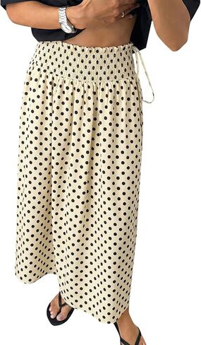 Tankaneo Womens Polka Dot Maxi Skirts Boho Smocked High Waisted Tie Skirt Casual Beach Vacation Dress in Kuwait