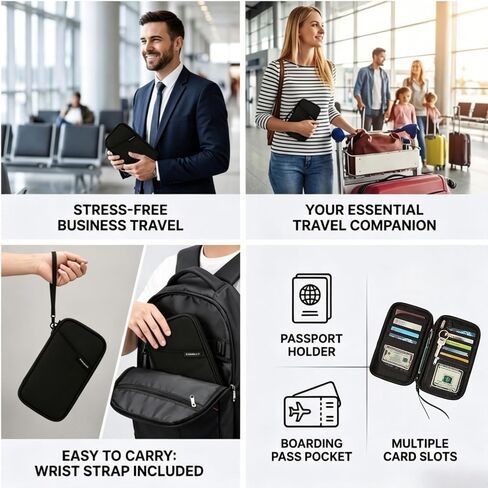 Travel Passport Holder, Water Resistant Travel Document Organizer for Family, Portable Passport Case with Wrist Strap for Travel, Vacation, Business Trip in Saudi Arabia