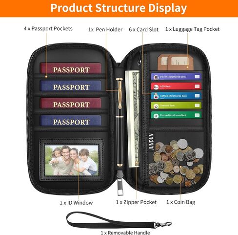 JUNDUN 2500℉ Fireproof Family Passport Holder,RFID Blocking Upgraded Material Fireproof Passport Wallet for 4,Travel Document Organizer Case with Zipper for Passport and Card in Saudi Arabia