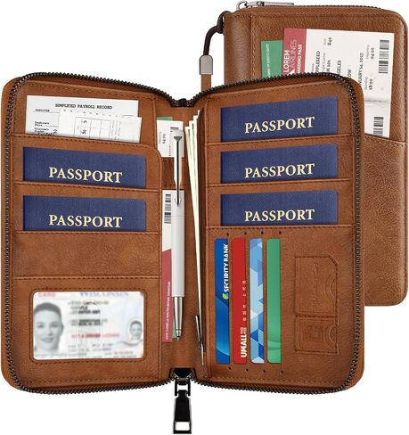 Likesing Family Passport Holder for 5, Leather RFID Blocking Multiple Passport Holder Wallet with Zipper, Travel Document Organizer with Wrist Strap Card Slots and AirTag Pocket for Women Men(Brown) in Kuwait