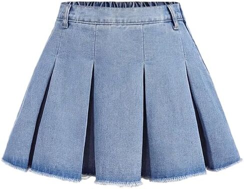 Nivne Tco Tween Girls Denim Skirt, High Waist Raw Hem Design A-Line Mini Pleated Jean Skirt with Hidden Zipper in Kuwait