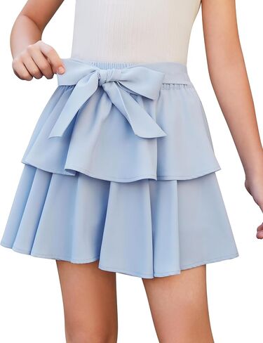 Girls Bow Mini Skirts Kids Elastic High Waisted Ruffle Tiered Skirt Party Dance Layered Skort for Teen 5-14 Years in Kuwait