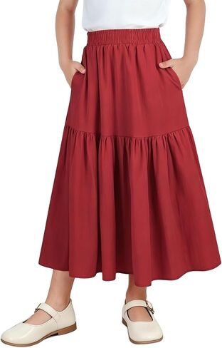 TXJ Sports Girls Maxi Skirt with Pockets, Soft A-Line Long Skirt for Girls, Elastic Waist Casual Summer Skirts 6-14Y in Kuwait
