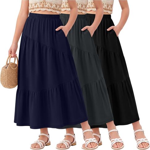 3 Pack Girls' Maxi Tiered Skirts with Pockets 5-16 Years Long Casual Flowy Swing Elastic Waist Ruffle Summer Skirts in Kuwait