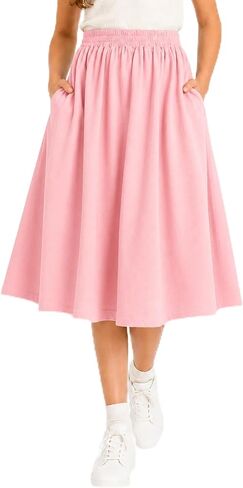 Girls Elastic High Waist A Line Midi Skirts Casual School Uniform Skirt with Pockets in Kuwait