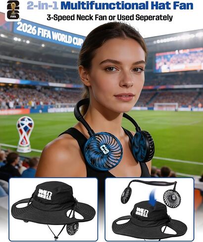 2026 FIFA World Cup Cooling Fan Hat, 2-in-1 Sun Hat with 3-Speed Detachable Rechargeable Fan, Personal Wearable Neck Fan for Fishing Hiking, Outdoor Recreation Cap for Men & Women Black in Saudi Arabia
