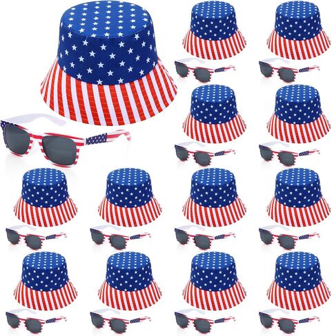 Chicingyou 24 Pcs American Flag Bucket Hats and Patriotic Sunglasses Bulk 4th of July Accessories USA Patriotic Bucket Hat Red White and Blue Fisherman Hats for Women Men Independence Day in Kuwait