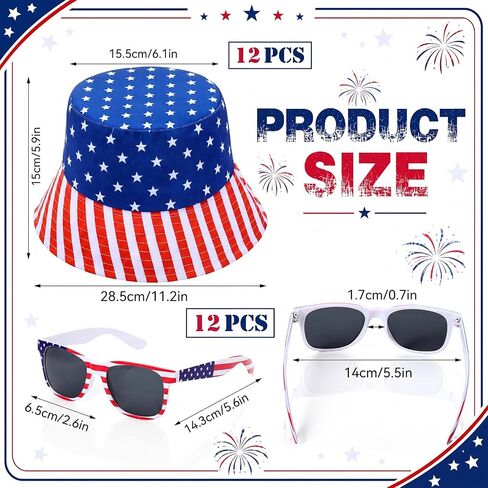 Chicingyou 24 Pcs American Flag Bucket Hats and Patriotic Sunglasses Bulk 4th of July Accessories USA Patriotic Bucket Hat Red White and Blue Fisherman Hats for Women Men Independence Day in Kuwait