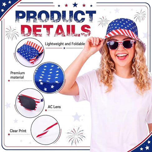Chicingyou 24 Pcs American Flag Bucket Hats and Patriotic Sunglasses Bulk 4th of July Accessories USA Patriotic Bucket Hat Red White and Blue Fisherman Hats for Women Men Independence Day in Kuwait