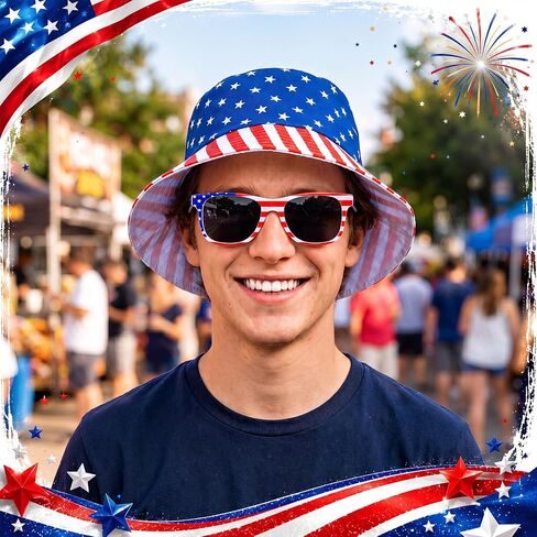 Chicingyou 24 Pcs American Flag Bucket Hats and Patriotic Sunglasses Bulk 4th of July Accessories USA Patriotic Bucket Hat Red White and Blue Fisherman Hats for Women Men Independence Day in Kuwait