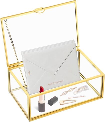 NATGAI Copper Golden Vintage Glass Lidded Box Decorative Jewelry Keepsake Display Organizer Clear Rectangle Box Rings Bracelet Golden Organizer for Wedding Birthday Party Decor (5.7x3.5x2 in) in Kuwait