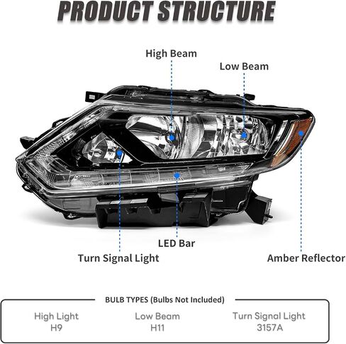 Headlight Assembly for 2014 2015 2016 Nissan Rogue Clear Lens Chrome Housing with Amber Reflector Headlamp Replacement Driver and Passenger Side Pair in Saudi Arabia