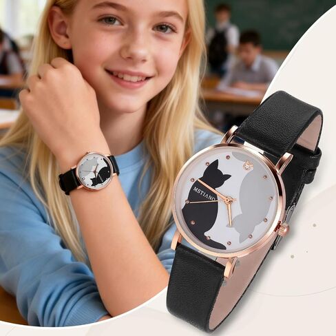 TEHAUX Cat Watch, Kids Watch with Soft Leather Strap, Cute Quartz Wristwatch Analog for Girls Boys Students, Easy to Read Kitten Timepiece Gift for Daughter School in Kuwait