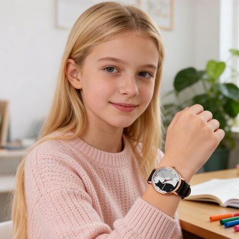 TEHAUX Cat Watch, Kids Watch with Soft Leather Strap, Cute Quartz Wristwatch Analog for Girls Boys Students, Easy to Read Kitten Timepiece Gift for Daughter School in Kuwait