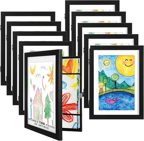 Cinnvoice 10 Pack 8.5 x 11 Inch Kids Artwork Frames Changeable Holds 100 Pcs Kids Drawing Front Opening Frames for Children Art Projects, Crafts, Photos, Artwork Storage and Display(Black) in Kuwait