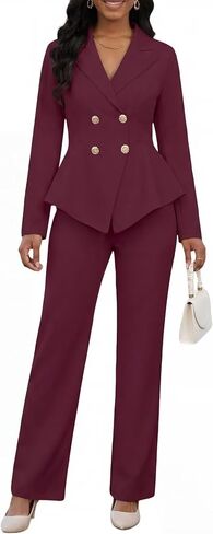 Pant Suits for Women Dressy 2 Piece Double Breasted Peplum Blazer and Wide Leg Pantsuits Business Work Office Outfits in Kuwait