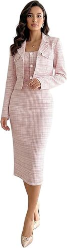 Women's 2 Piece Plaid Tweed Sets Bodycon Midi Dress with Long Sleeve Cropped Blazer Business Casual Outfits in Kuwait
