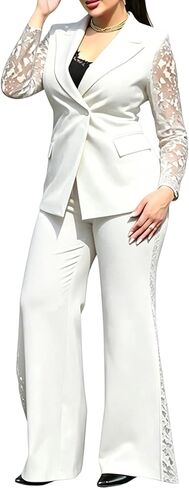 Seltaon Women 2 Piece Pants Suits Dressy Lace Patchwork Long Sleeve Blazers Wide Leg Pants Set Business Office Work Outfits in Kuwait