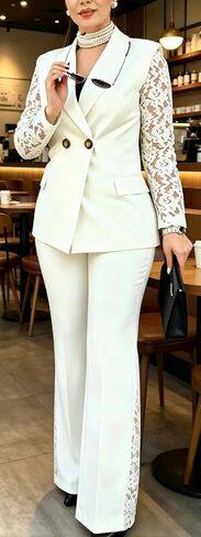 Seltaon Women 2 Piece Pants Suits Dressy Lace Patchwork Long Sleeve Blazers Wide Leg Pants Set Business Office Work Outfits in Kuwait