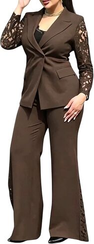 Seltaon Women 2 Piece Pants Suits Dressy Lace Patchwork Long Sleeve Blazers Wide Leg Pants Set Business Office Work Outfits in Kuwait