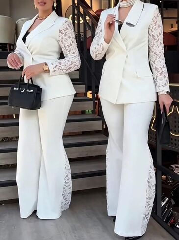 Seltaon Women 2 Piece Pants Suits Dressy Lace Patchwork Long Sleeve Blazers Wide Leg Pants Set Business Office Work Outfits in Kuwait