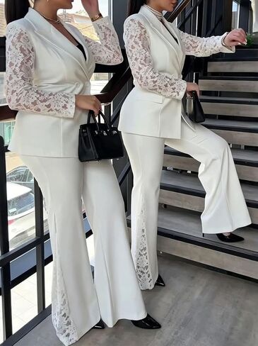 Seltaon Women 2 Piece Pants Suits Dressy Lace Patchwork Long Sleeve Blazers Wide Leg Pants Set Business Office Work Outfits in Kuwait