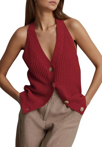 Womens Button-Front Sweater Vest Top V Neck Sleeveless Knit Tank Fitted Halter Raceback Cardigan Vest in Kuwait