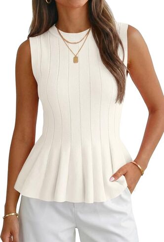 Cicy Bell Womens Pleated Peplum Tank Tops Fitted Ribbed Knit Crew Neck Blouses Summer Sweater Vest in Kuwait