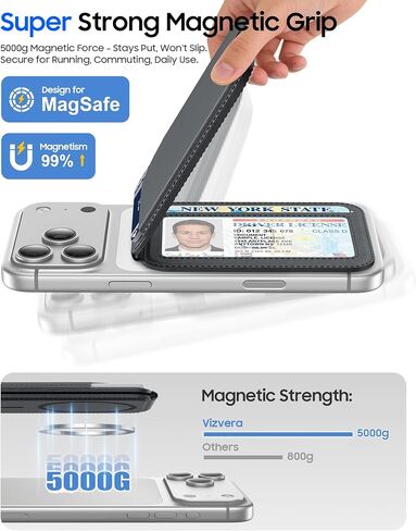 Vizvera for Magsafe Card Holder with RFID Blocking Leather Wallet Magnetic Card Holder 5 Cards for Phone Lightweight Magnetic Stand Adjustable Leather ID Window Magnetic Closure, Mens Gift(Black) in Kuwait