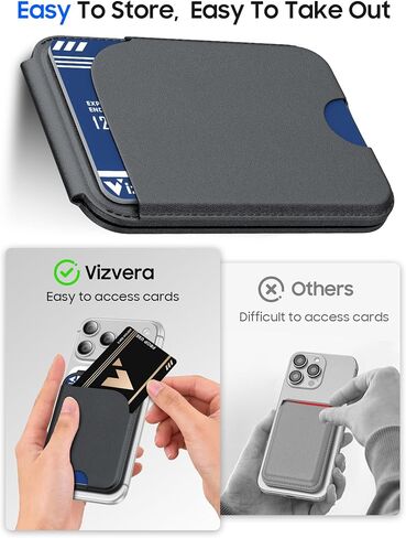 Vizvera for Magsafe Card Holder with RFID Blocking Leather Wallet Magnetic Card Holder 5 Cards for Phone Lightweight Magnetic Stand Adjustable Leather ID Window Magnetic Closure, Mens Gift(Black) in Kuwait