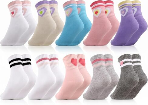 10 Pairs Kids Girls Socks Crew Athletic Socks with Stripes Hearts Casual Cotton Socks for Girls Boys in Kuwait