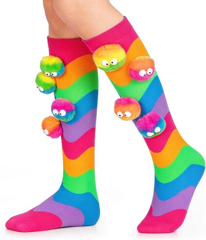 Bibalabili Crazy Socks for Kids Girls 3D Monster Pom Pom Rainbow Knee High Socks, Funny Novelty Wiggle Eye Character Socks for Crazy Sock Day, Halloween, Birthday Gift, Ages 3-12 in Saudi Arabia