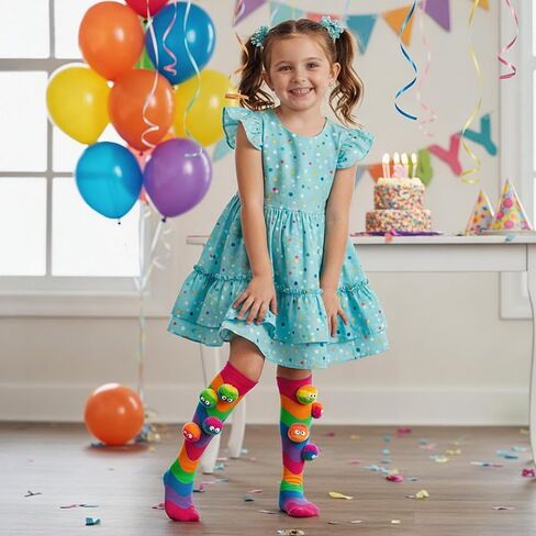 Bibalabili Crazy Socks for Kids Girls 3D Monster Pom Pom Rainbow Knee High Socks, Funny Novelty Wiggle Eye Character Socks for Crazy Sock Day, Halloween, Birthday Gift, Ages 3-12 in Saudi Arabia