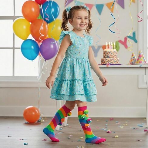 Bibalabili Crazy Socks for Kids Girls 3D Monster Pom Pom Rainbow Knee High Socks, Funny Novelty Wiggle Eye Character Socks for Crazy Sock Day, Halloween, Birthday Gift, Ages 3-12 in Saudi Arabia
