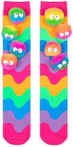 Bibalabili Crazy Socks for Kids Girls 3D Monster Pom Pom Rainbow Knee High Socks, Funny Novelty Wiggle Eye Character Socks for Crazy Sock Day, Halloween, Birthday Gift, Ages 3-12 in Saudi Arabia