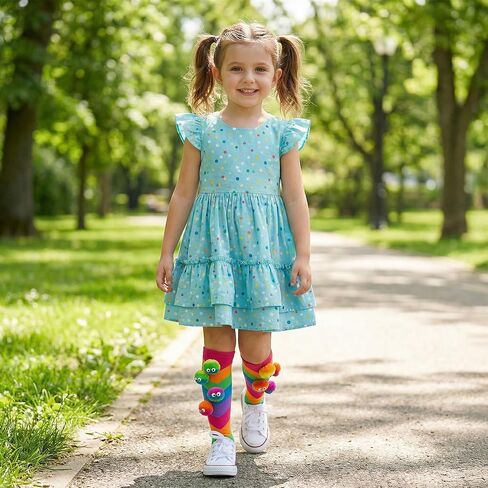 Bibalabili Crazy Socks for Kids Girls 3D Monster Pom Pom Rainbow Knee High Socks, Funny Novelty Wiggle Eye Character Socks for Crazy Sock Day, Halloween, Birthday Gift, Ages 3-12 in Saudi Arabia