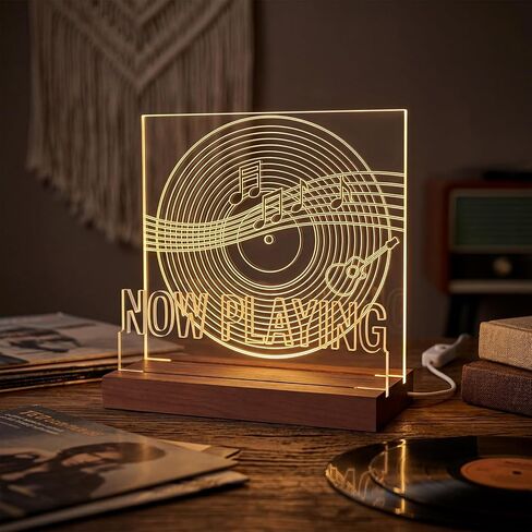 Acrylic Record Player Stand, Now Playing Wooden Vinyl Records Stand, Light Up Cd Display Holder Album Storage Decor, Music Shelf Record Player Accessories Led White Lights for Room Vinyl Lovers Gifts in Saudi Arabia