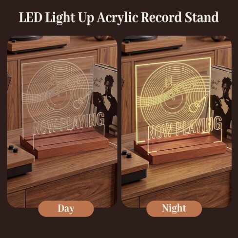 Acrylic Record Player Stand, Now Playing Wooden Vinyl Records Stand, Light Up Cd Display Holder Album Storage Decor, Music Shelf Record Player Accessories Led White Lights for Room Vinyl Lovers Gifts in Saudi Arabia