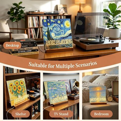 Acrylic Record Player Stand, Now Playing Wooden Vinyl Records Stand, Light Up Cd Display Holder Album Storage Decor, Music Shelf Record Player Accessories Led White Lights for Room Vinyl Lovers Gifts in Saudi Arabia
