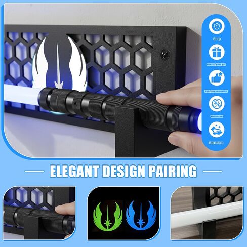 Wooden Lightsaber Wall Mount, Horizontal Display Stand with Glow-in-the-Dark Stickers, Decorative Honeycomb Rack for Collectors, Game Room & Home Theater, Black (01) in Saudi Arabia