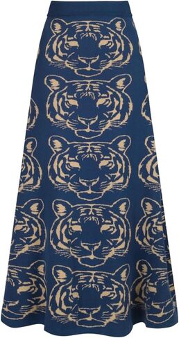 OXKnit Knittd Midi Skirts for Women, Mod Style Casual Retro Tiger Pattern High Waist A Line Cotton Blue Skirts in Kuwait