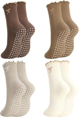 4 Pairs Women's Pilates Non Slip Socks Cute Bow-tie Ruffled Yoga Crew Socks for Ballet Barre Hospital Gym in Kuwait