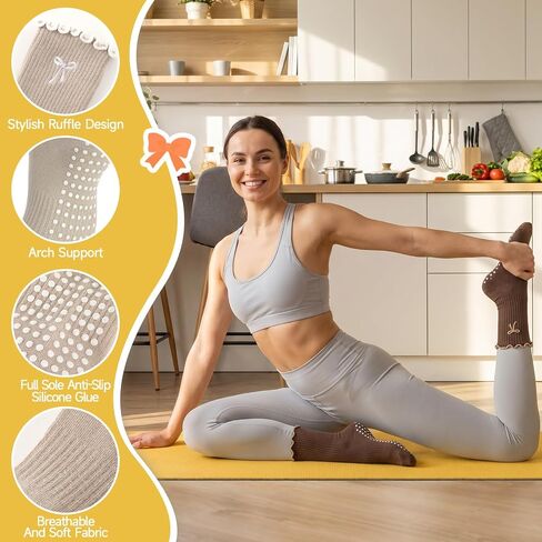4 Pairs Women's Pilates Non Slip Socks Cute Bow-tie Ruffled Yoga Crew Socks for Ballet Barre Hospital Gym in Kuwait